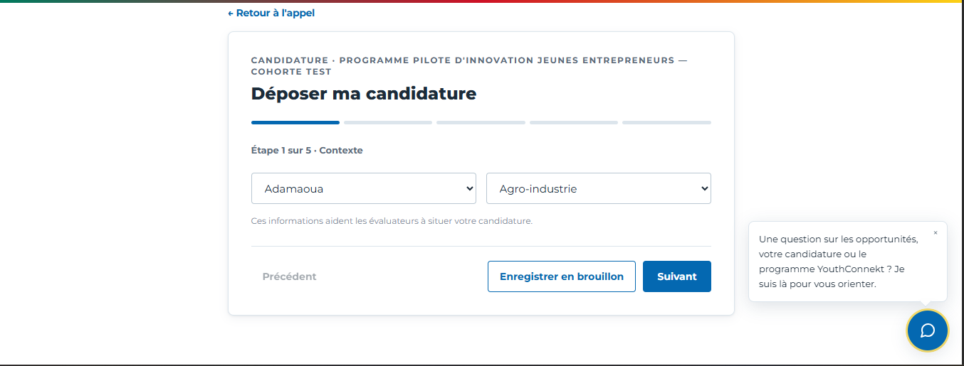 Formulaire de candidature, étape 1 : contexte