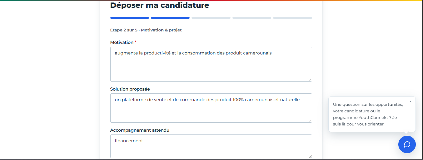 Formulaire de candidature, étape 2 : motivation et projet