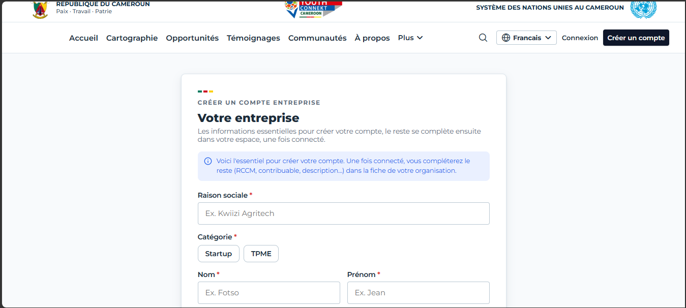 Formulaire Créer un compte Entreprise