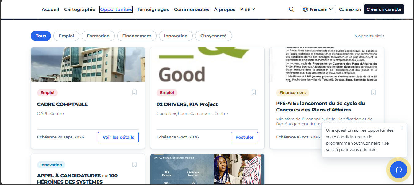 Liste d'opportunités provenant de différentes organisations