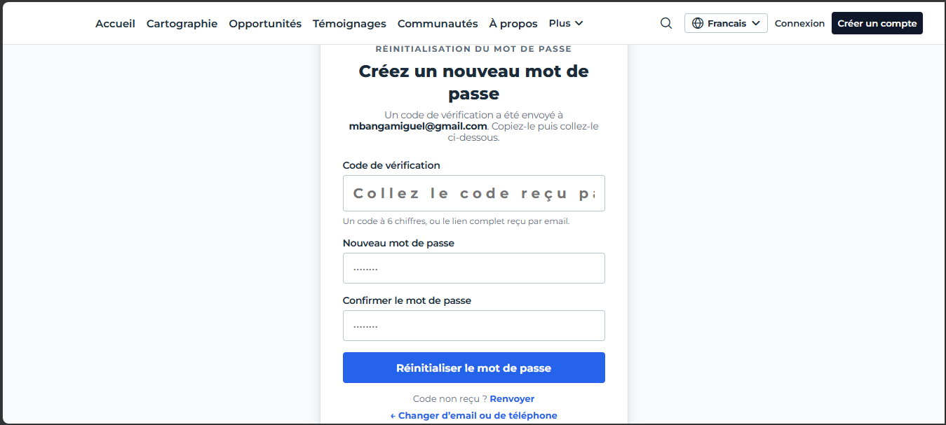 Formulaire de création d'un nouveau mot de passe