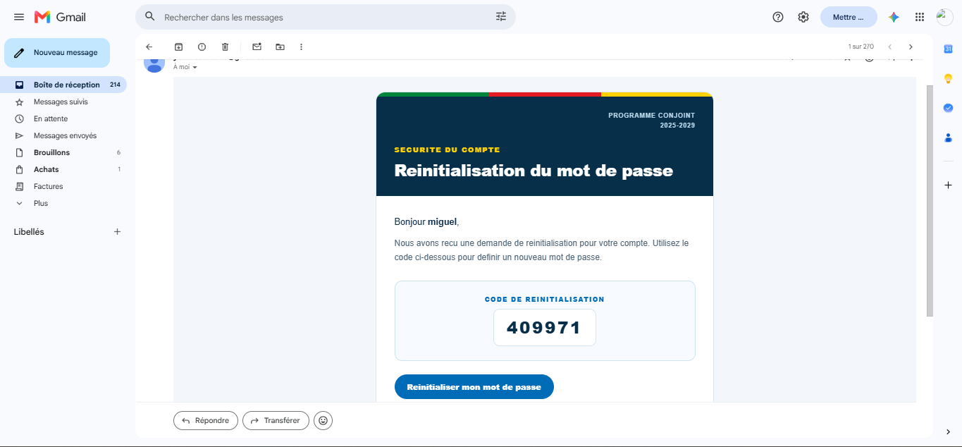 Email de réinitialisation du mot de passe reçu dans Gmail