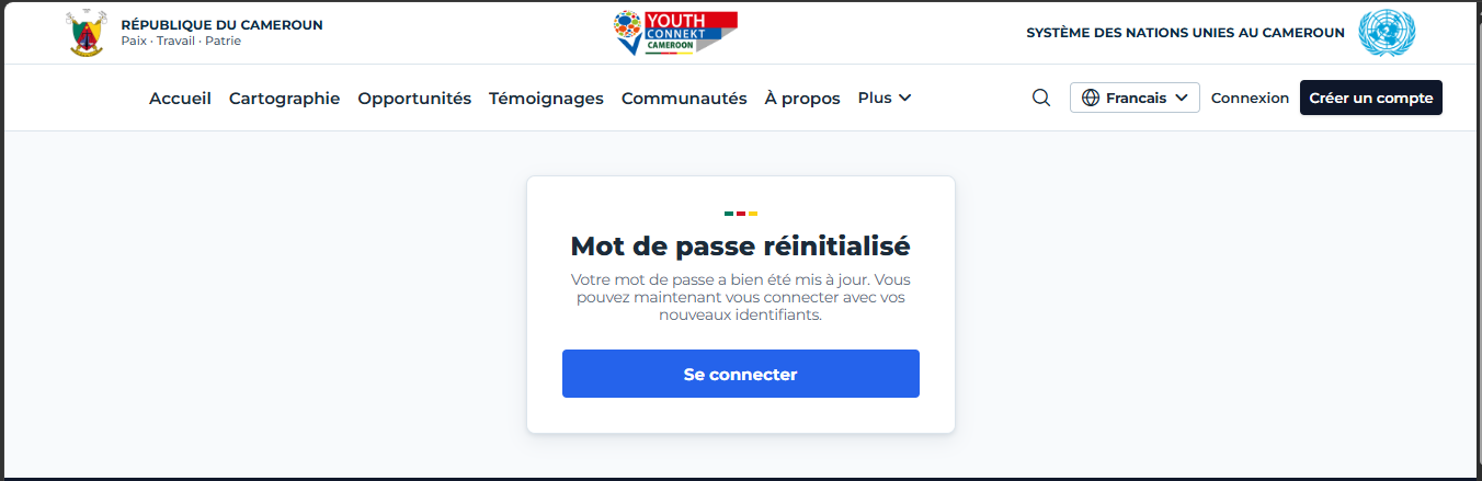 Écran de confirmation Mot de passe réinitialisé