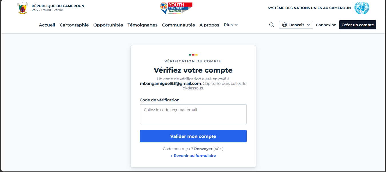 Écran de vérification du compte YouthConnekt Cameroon